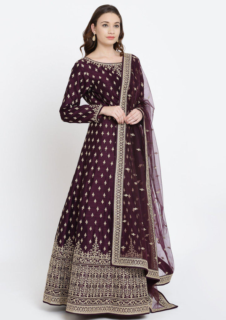 Wine Zariwork Raw Silk Designer Gown-Koskii