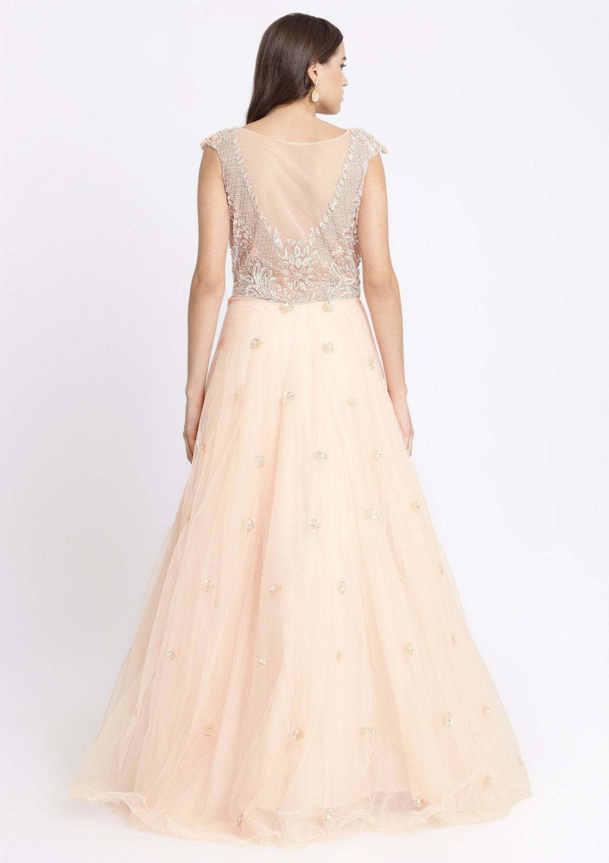 Peach Sequinned Net Designer Gown-Koskii