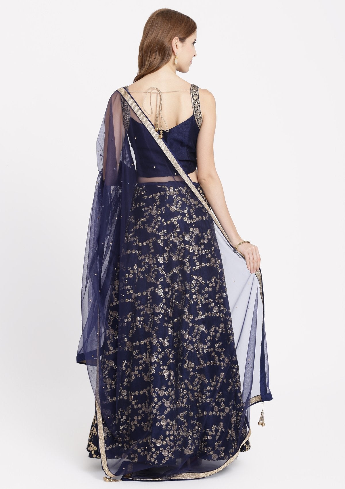 Navy Blue Stonework Rawsilk Designer Lehenga-Koskii