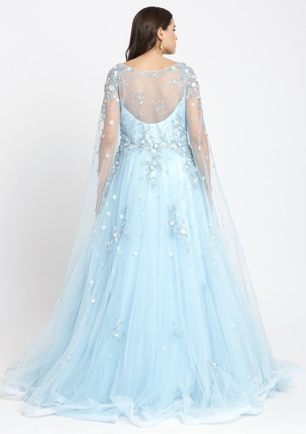 Sky Blue Cutdana Net Designer Gown-Koskii