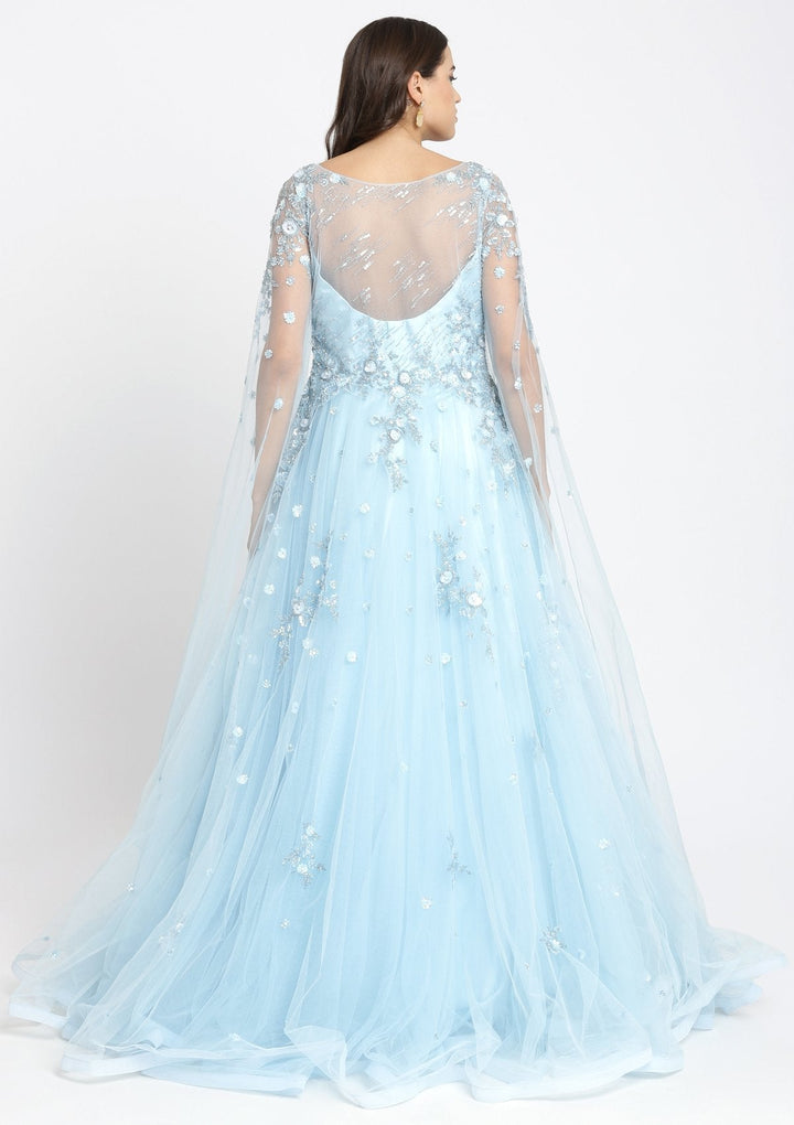 Sky Blue Cutdana Net Designer Gown-Koskii