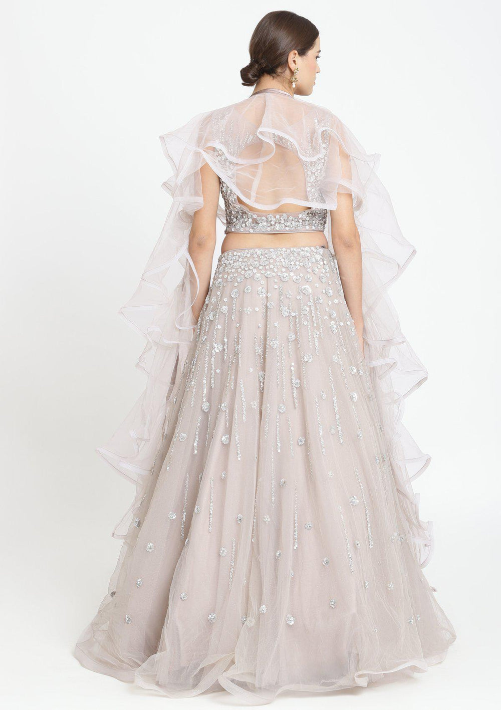 Light Grey Sequins Net Designer Lehenga-Koskii