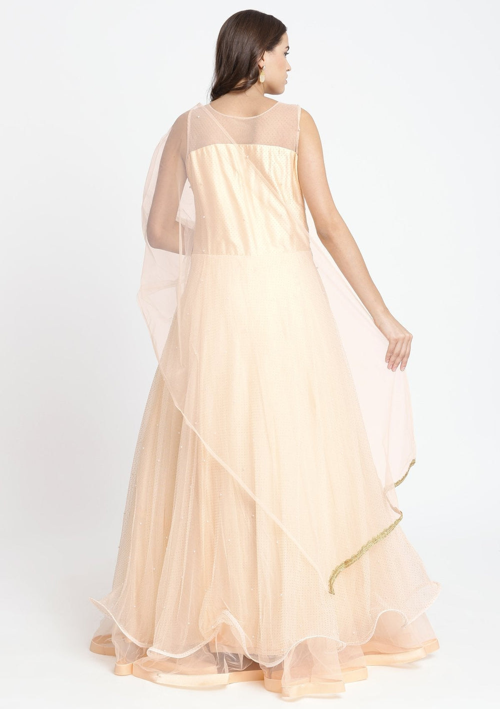 Peach Cutdana Net Designer Gown-Koskii