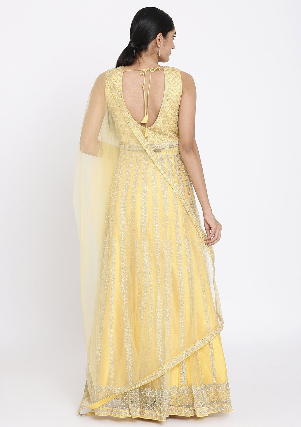 Yellow Silver Stonework Net Designer Gown - koskii