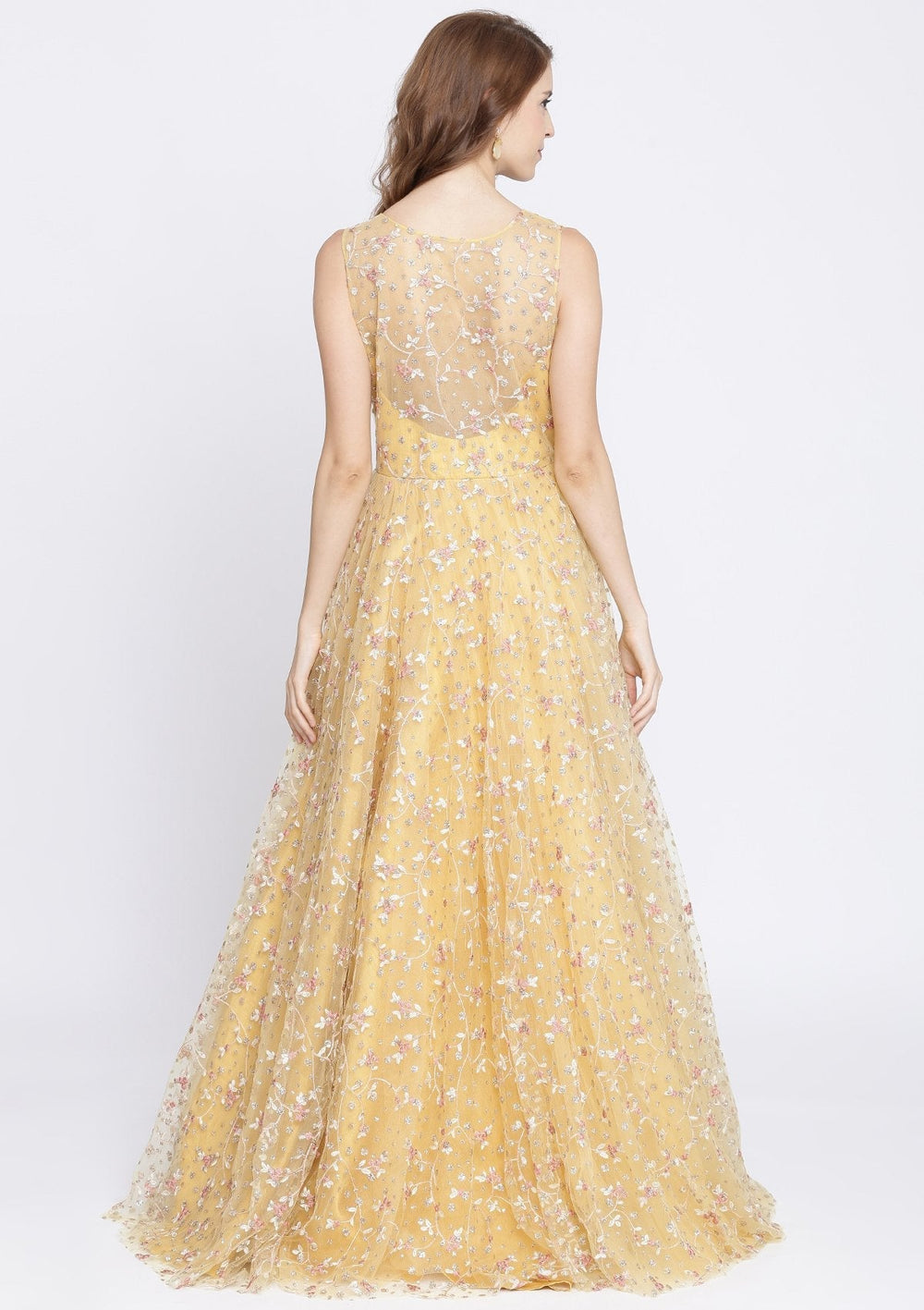 Yellow Zariwork Net Designer Gown-Koskii