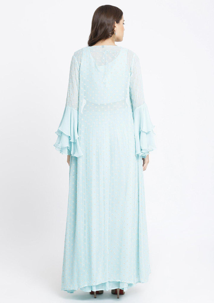 Sky Blue Threadwork Georgette Designer Crop Top Set-Koskii