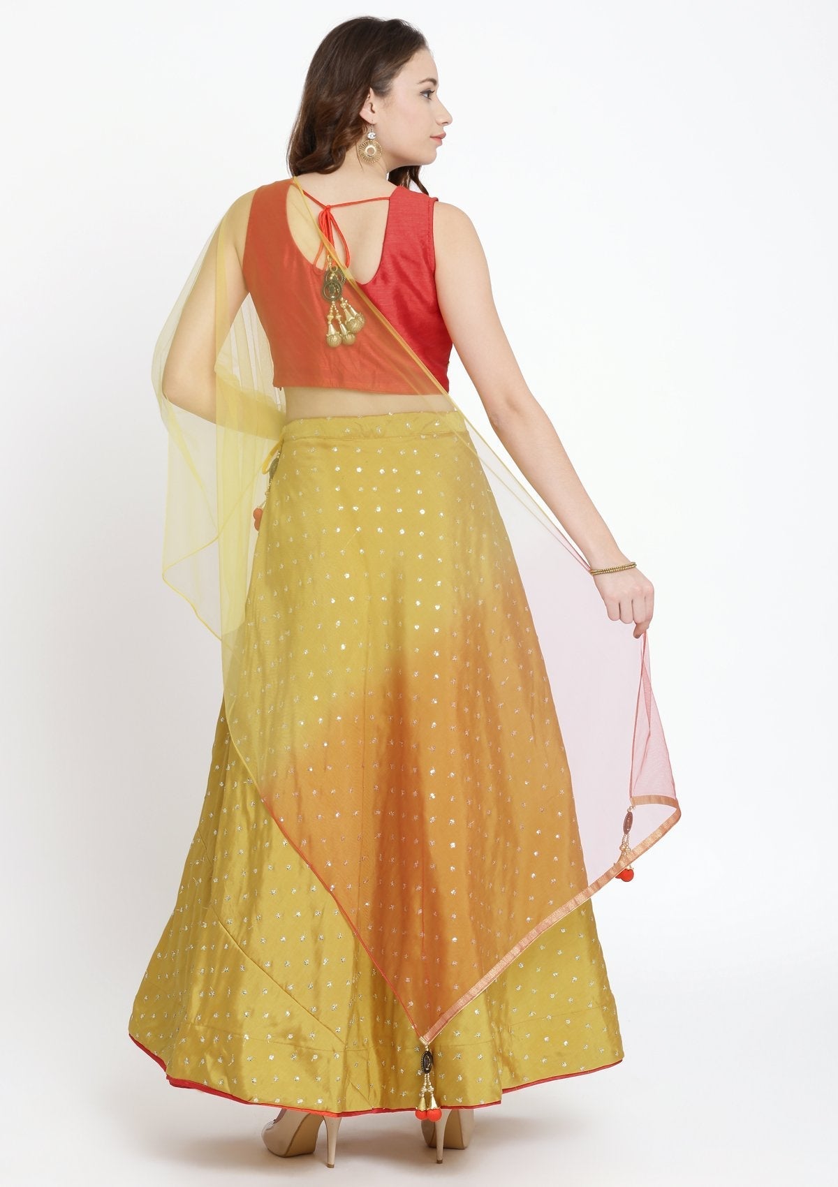 Mustard Mirrorwork Raw Silk Designer Lehenga-Koskii