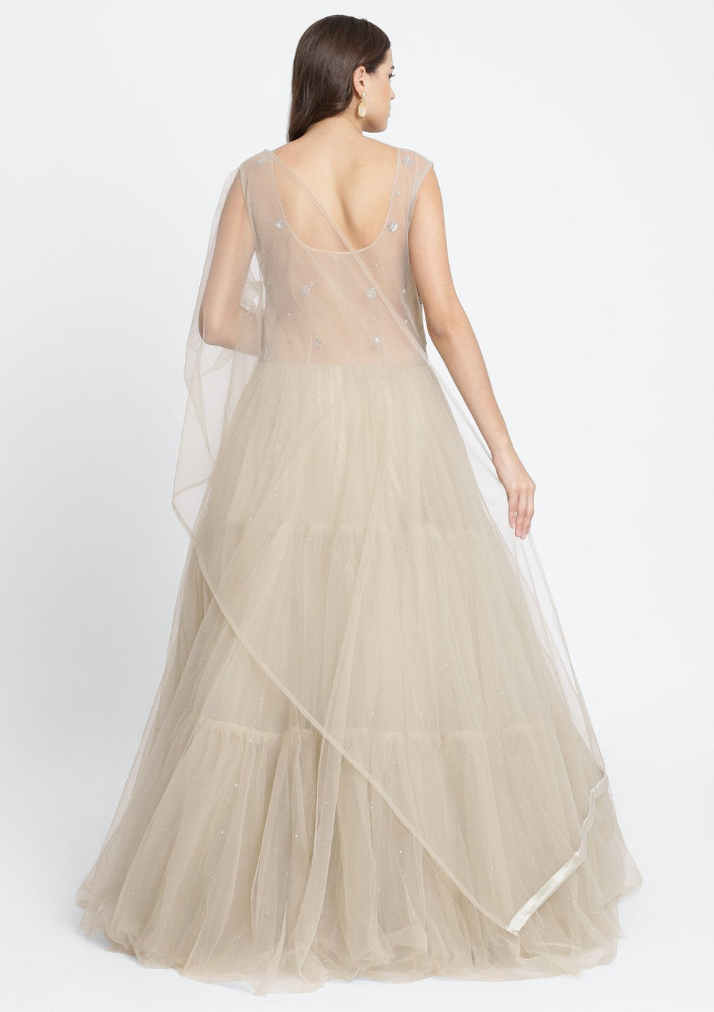 Light Brown Silver Stonework Net Designer Gown-Koskii