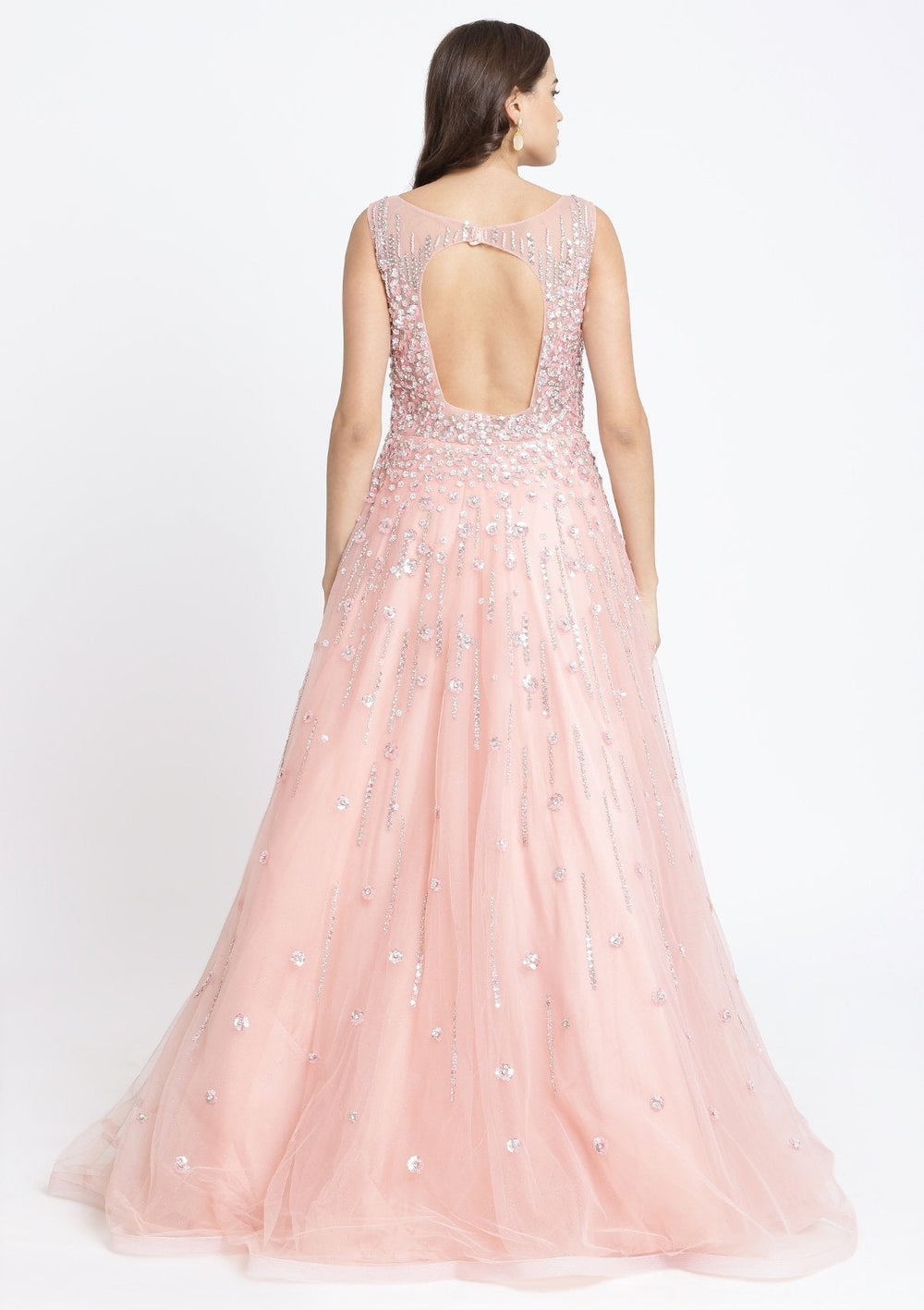 Peach Sequinned Net Designer Gown-Koskii