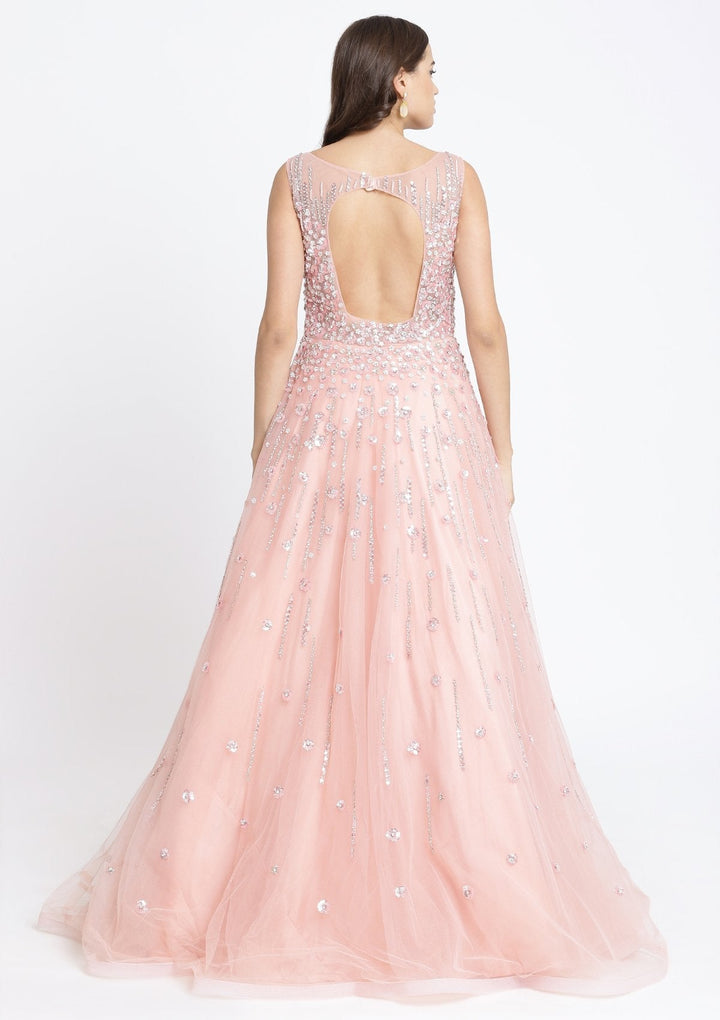 Peach Sequinned Net Designer Gown-Koskii
