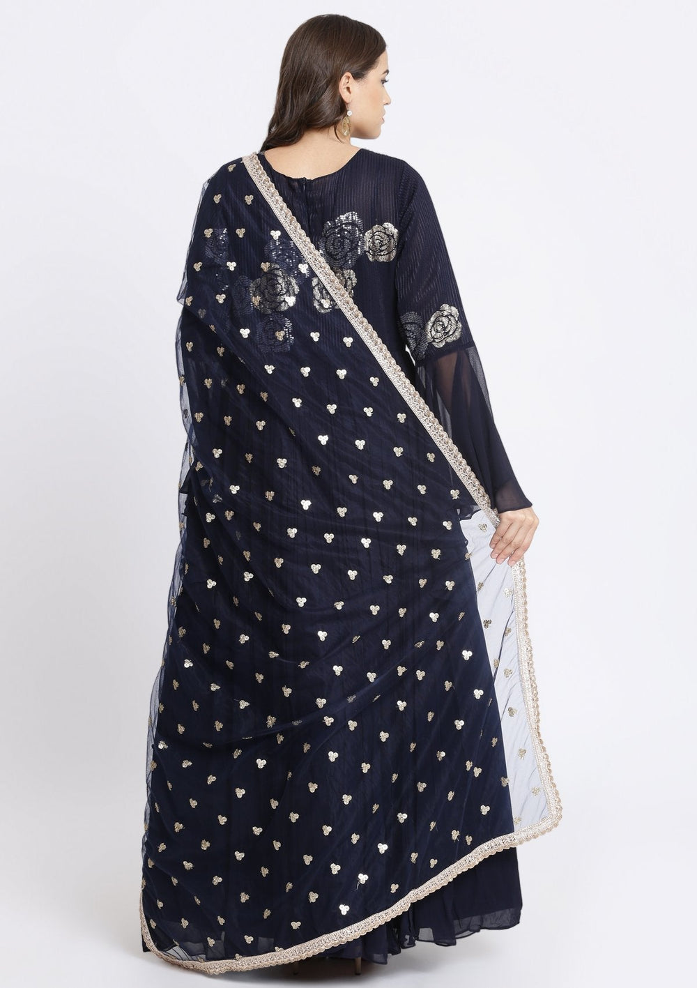 Navy Blue Sequinned Georgette Designer Gown-Koskii