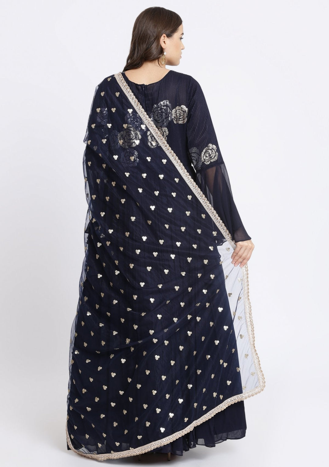 Navy Blue Sequinned Georgette Designer Gown-Koskii