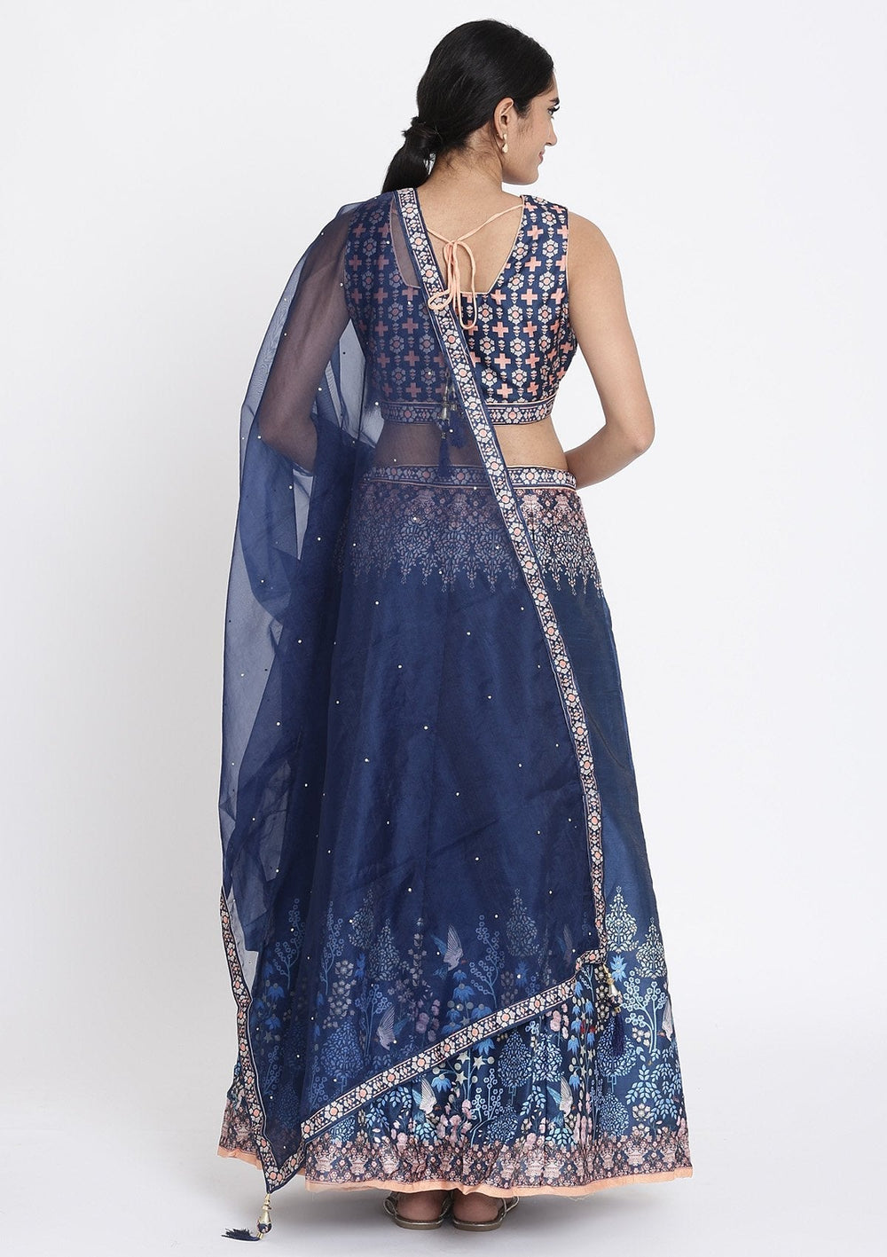 Navy Blue Printed Raw Silk Designer Lehenga - koskii