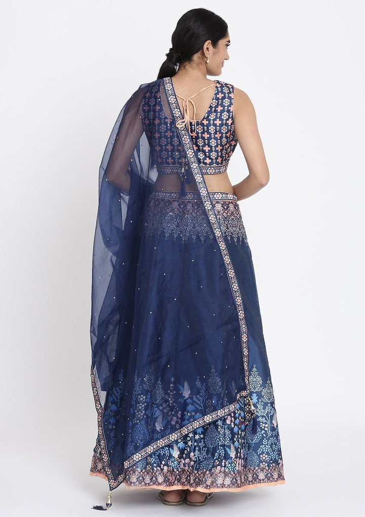 Navy Blue Printed Raw Silk Designer Lehenga - koskii