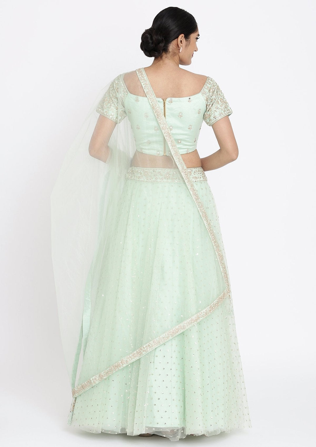 Pista Green Zariwork Net Designer Lehenga - koskii