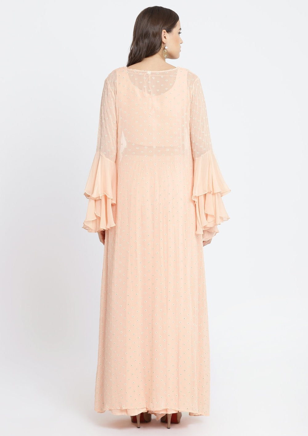 Peach Threadwork Georgette Designer Crop Top Set-Koskii