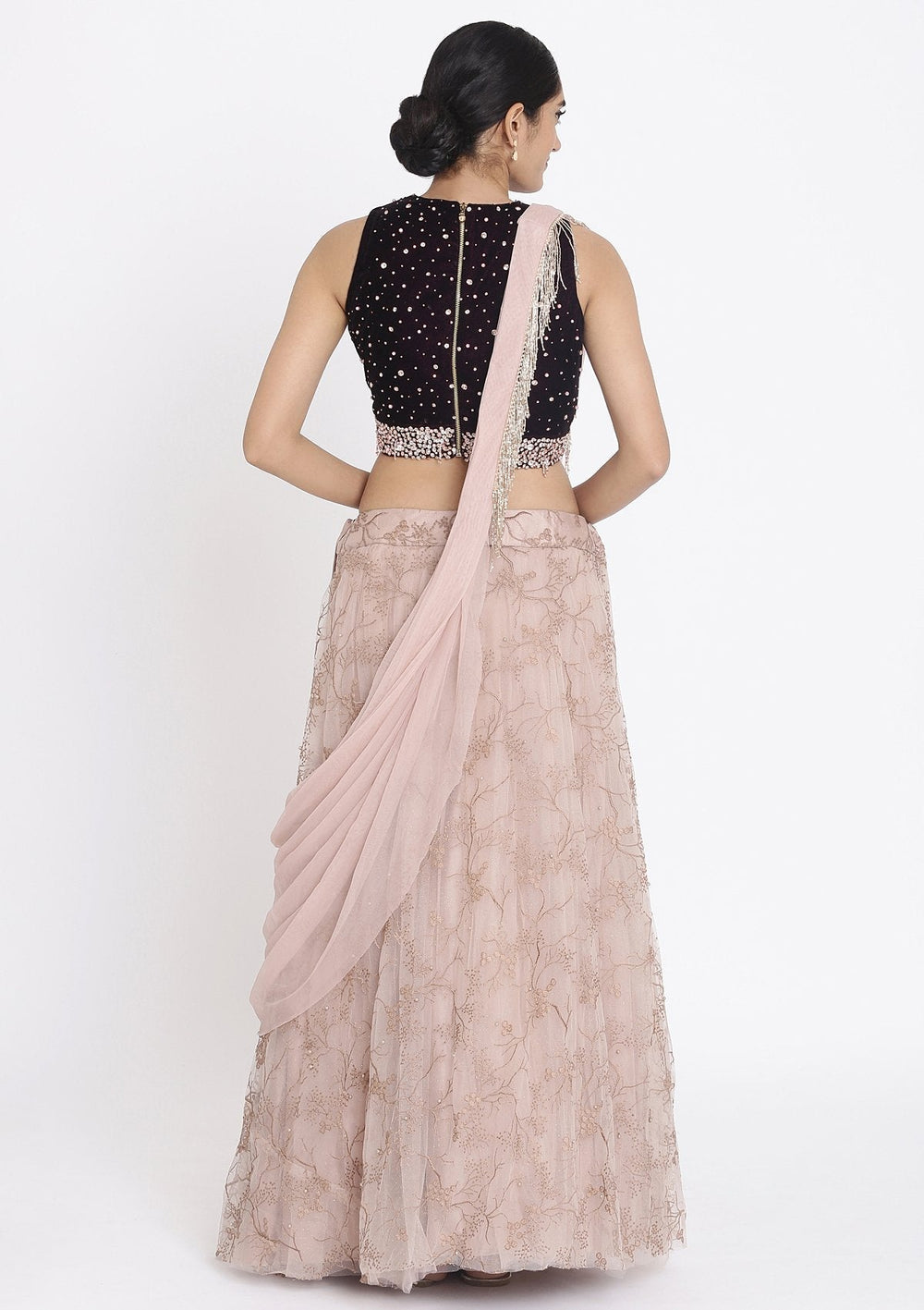 Lavender And Wine Stonework Net Designer Lehenga - koskii