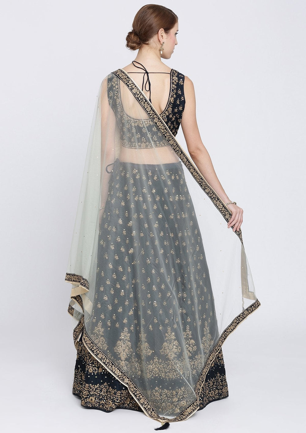 Navy Blue Mirrorwork Net Designer Lehenga-Koskii