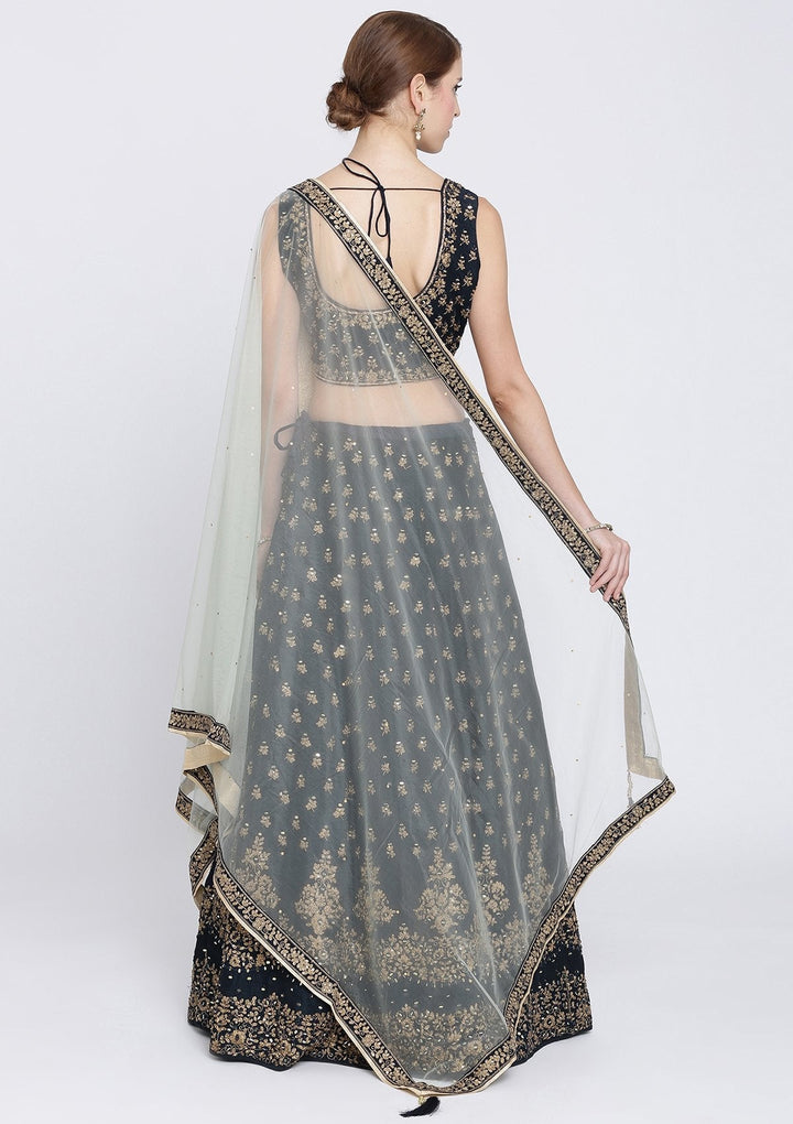 Navy Blue Mirrorwork Net Designer Lehenga-Koskii