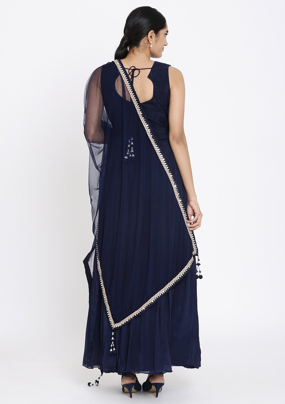 Navy Blue Mirrorwork Georgette Designer Gown - koskii