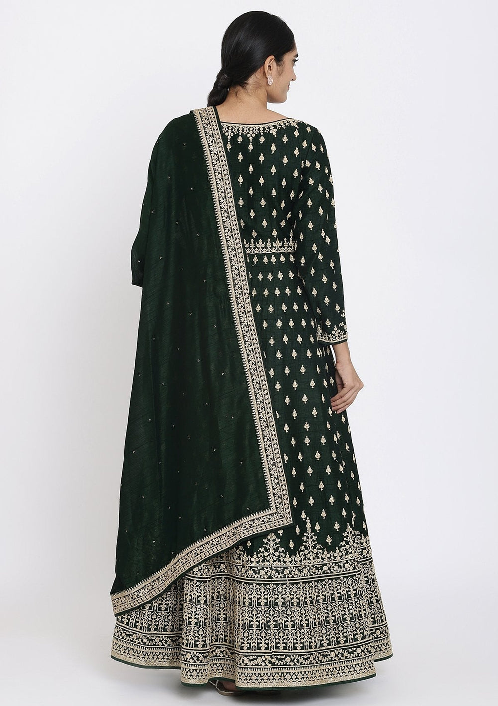 Bottle Green Zariwork Raw Silk Designer Gown - koskii