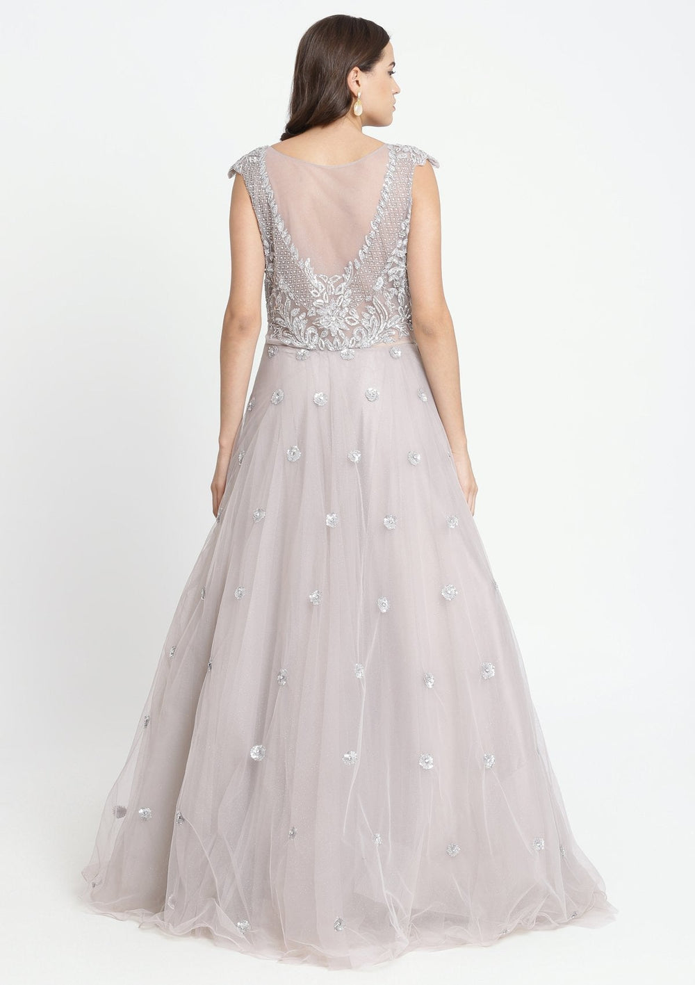 Grey Sequinned Net Designer Gown-Koskii