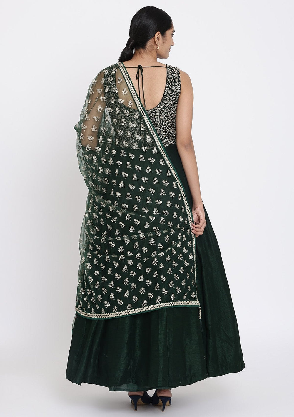 Bottle Green Zariwork Raw Silk Designer Gown - koskii