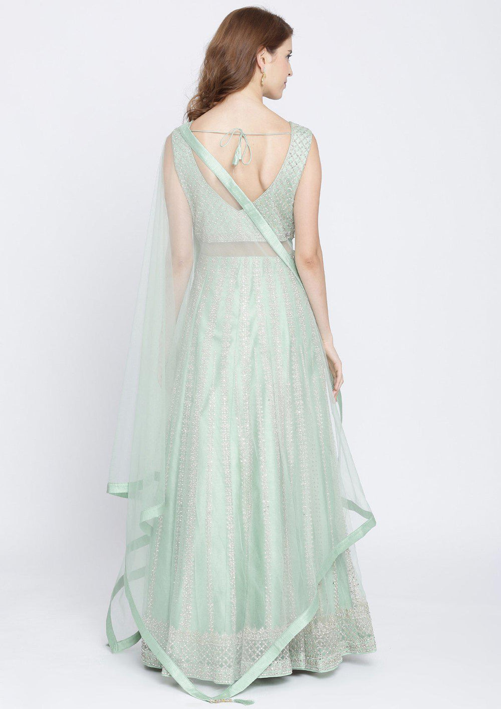 Pista Green Mirrorwork Net Designer Gown-Koskii