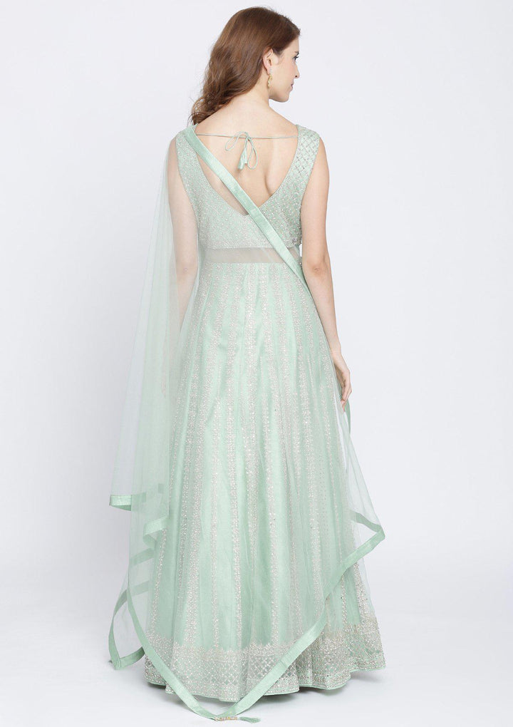 Pista Green Mirrorwork Net Designer Gown-Koskii