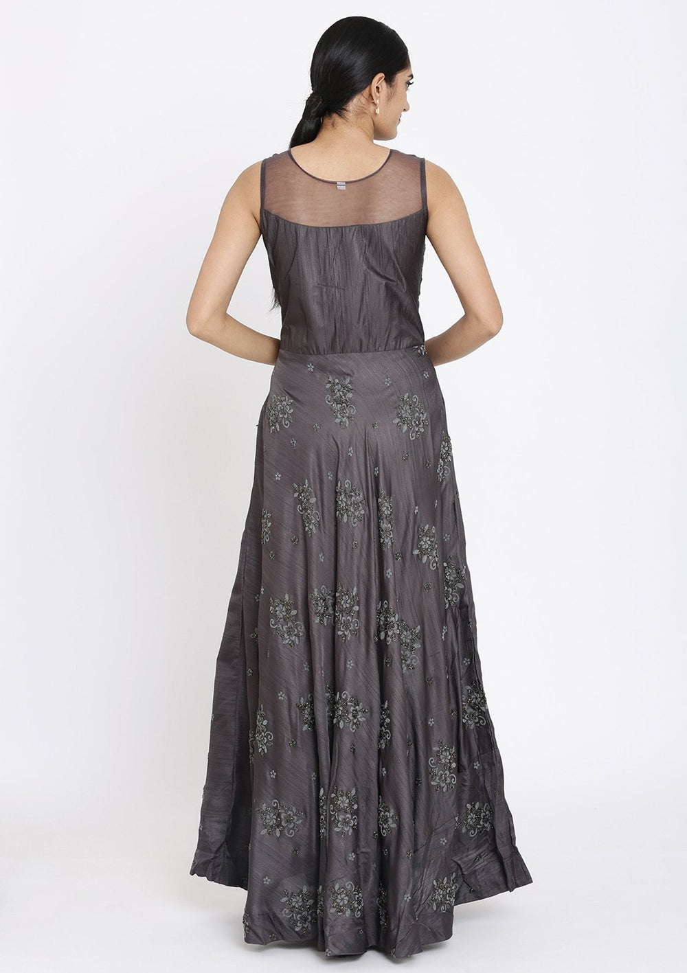 Dark Grey Cutdana Raw Silk Designer Gown - koskii
