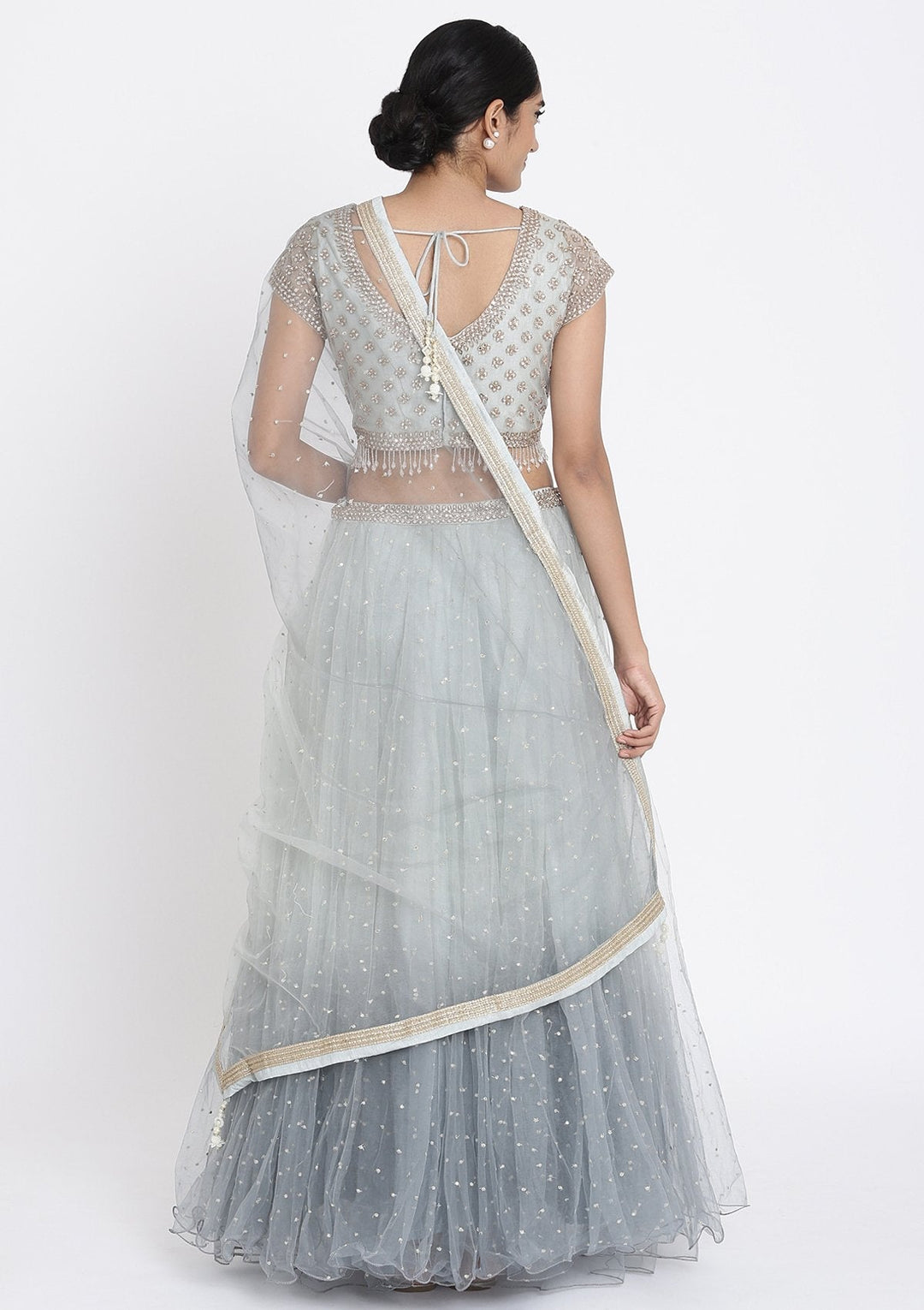 Light Grey Stonework Net Designer Lehenga - koskii