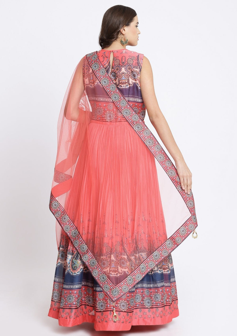Coral Printed Georgette Designer Gown-Koskii