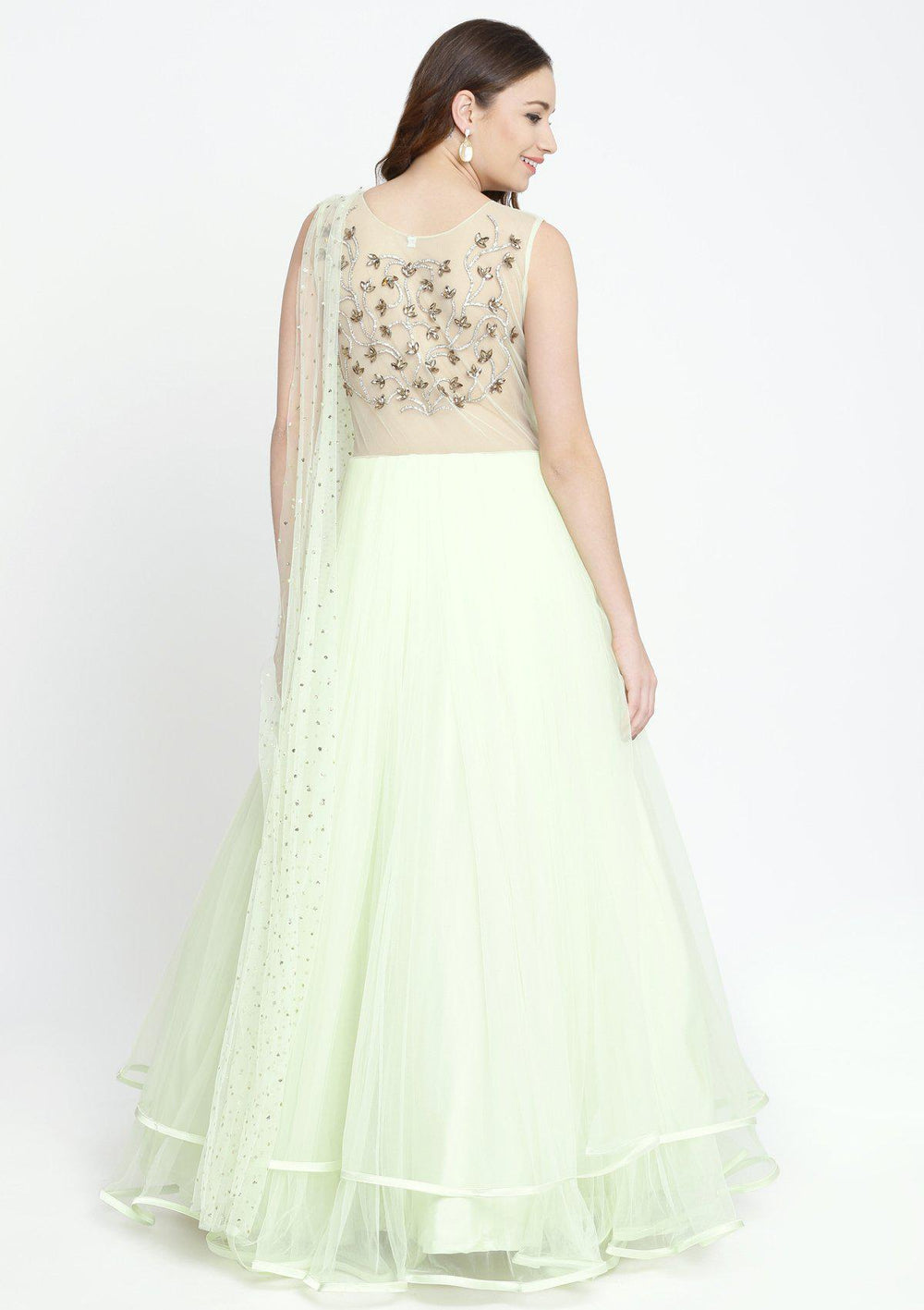 Pista Green Stonework Net Designer Gown-Koskii