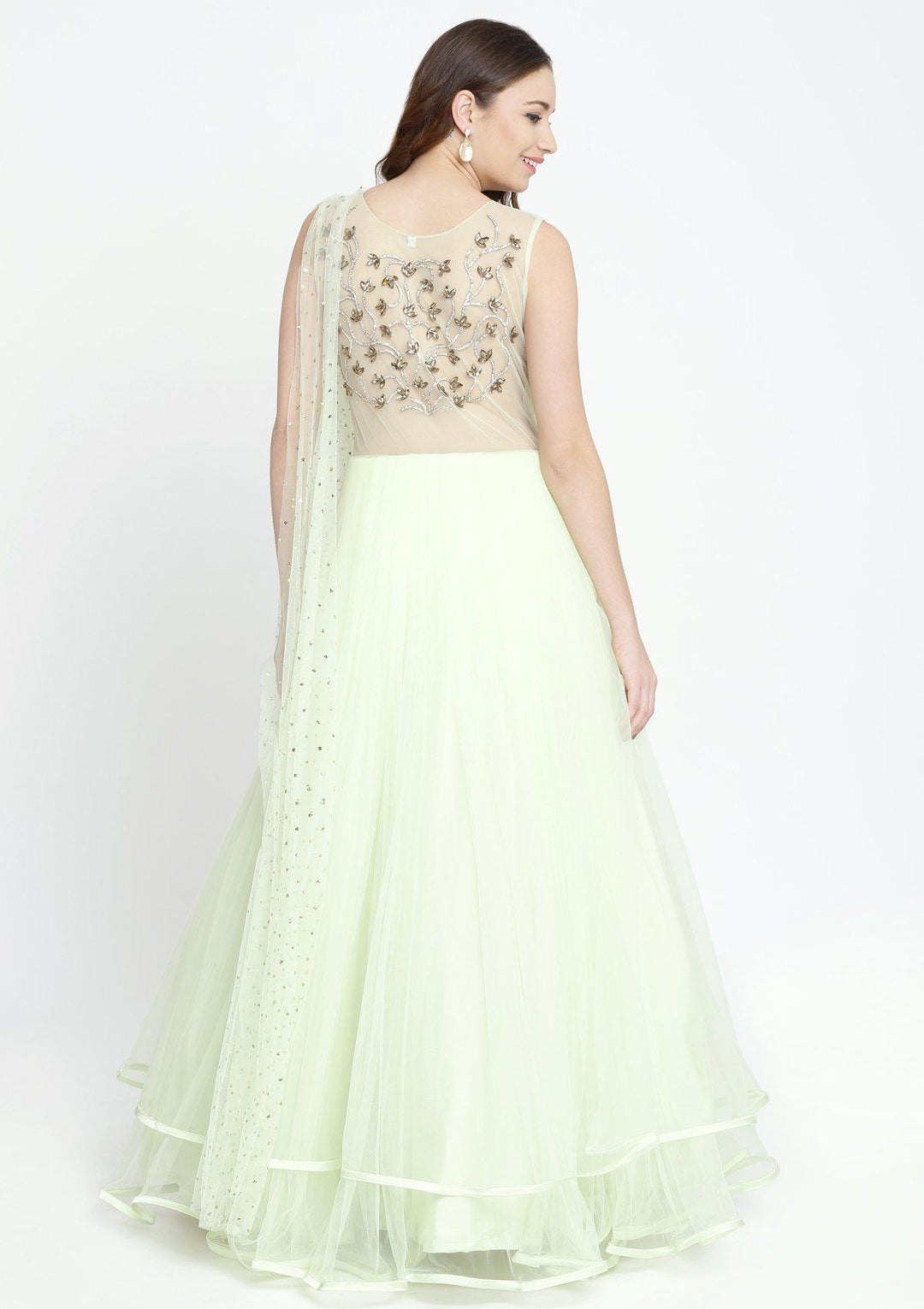 Pista Green Stonework Net Designer Gown-Koskii