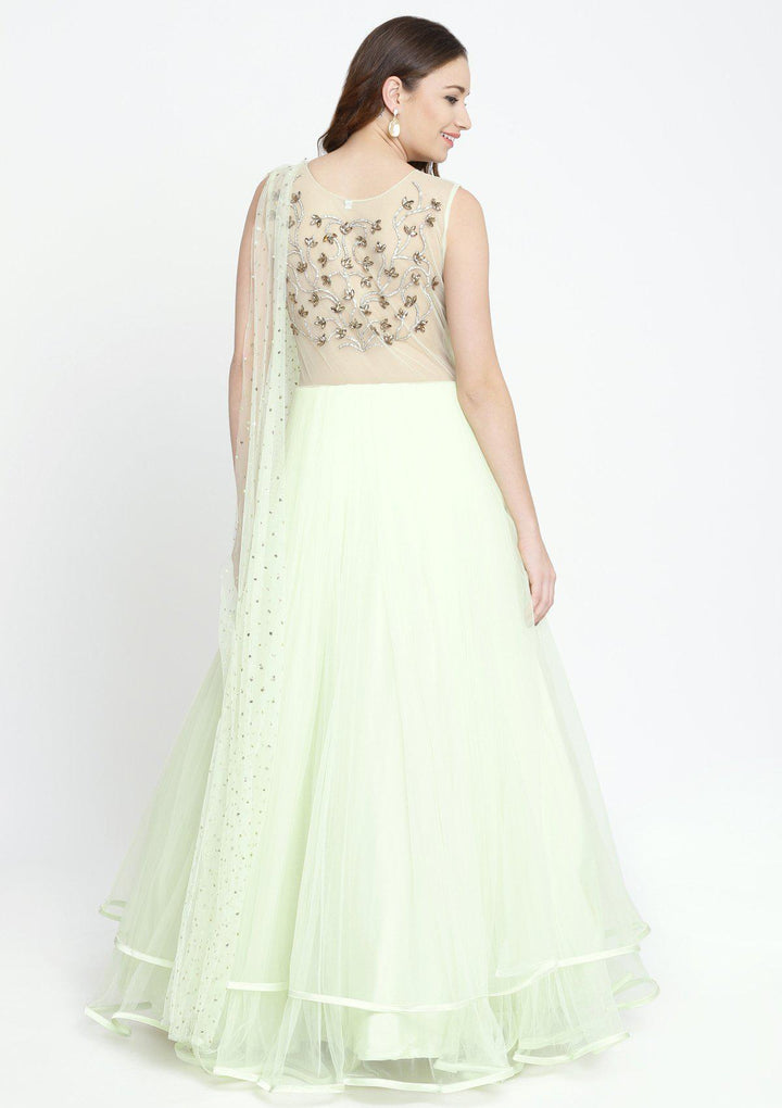 Pista Green Stonework Net Designer Gown-Koskii