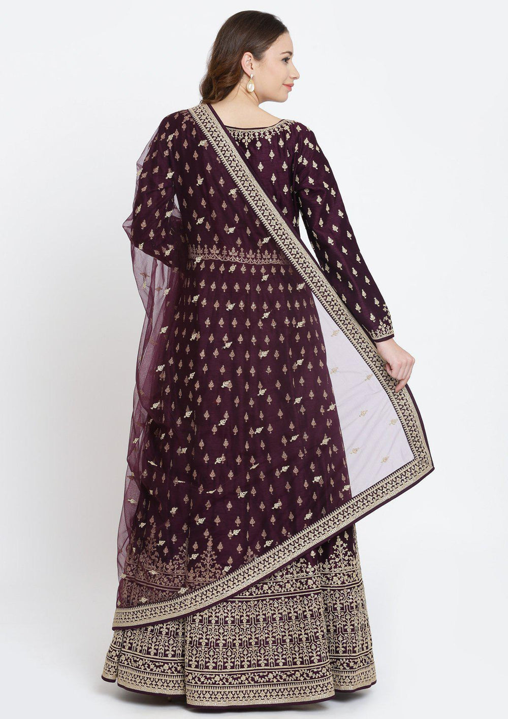 Wine Zariwork Raw Silk Designer Gown-Koskii