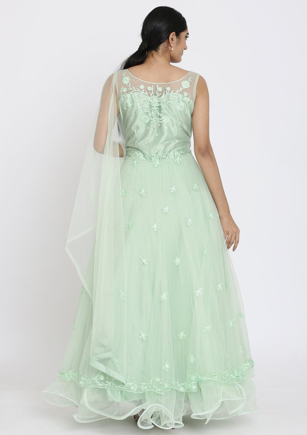 Pista Green Stonework Net Designer Gown - koskii