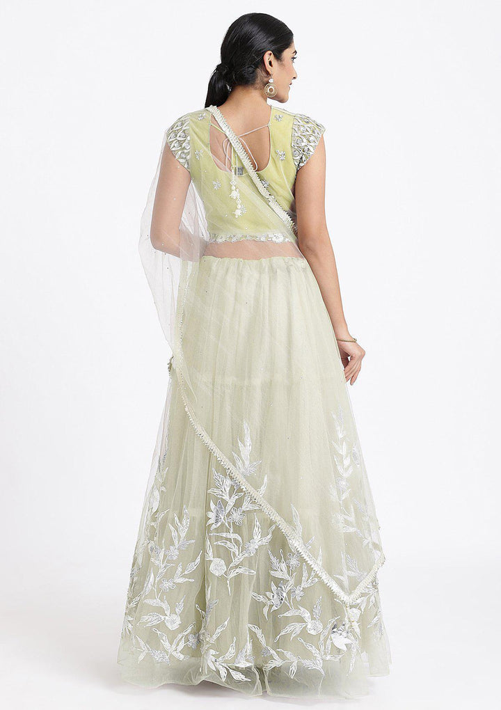 Pista Green Sequinned Net Designer Lehenga-Koskii