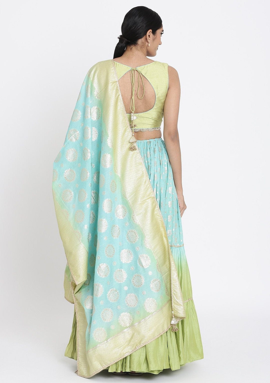 Sea Green And Pista Green Gotapatti Art Silk Designer Lehenga - koskii