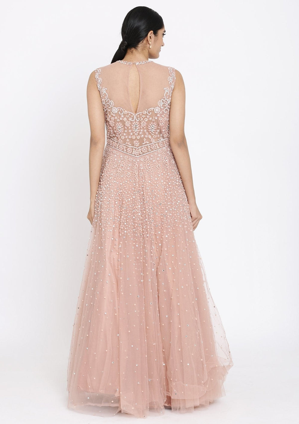 Onion Pink Pearlwork Net Designer Gown - koskii