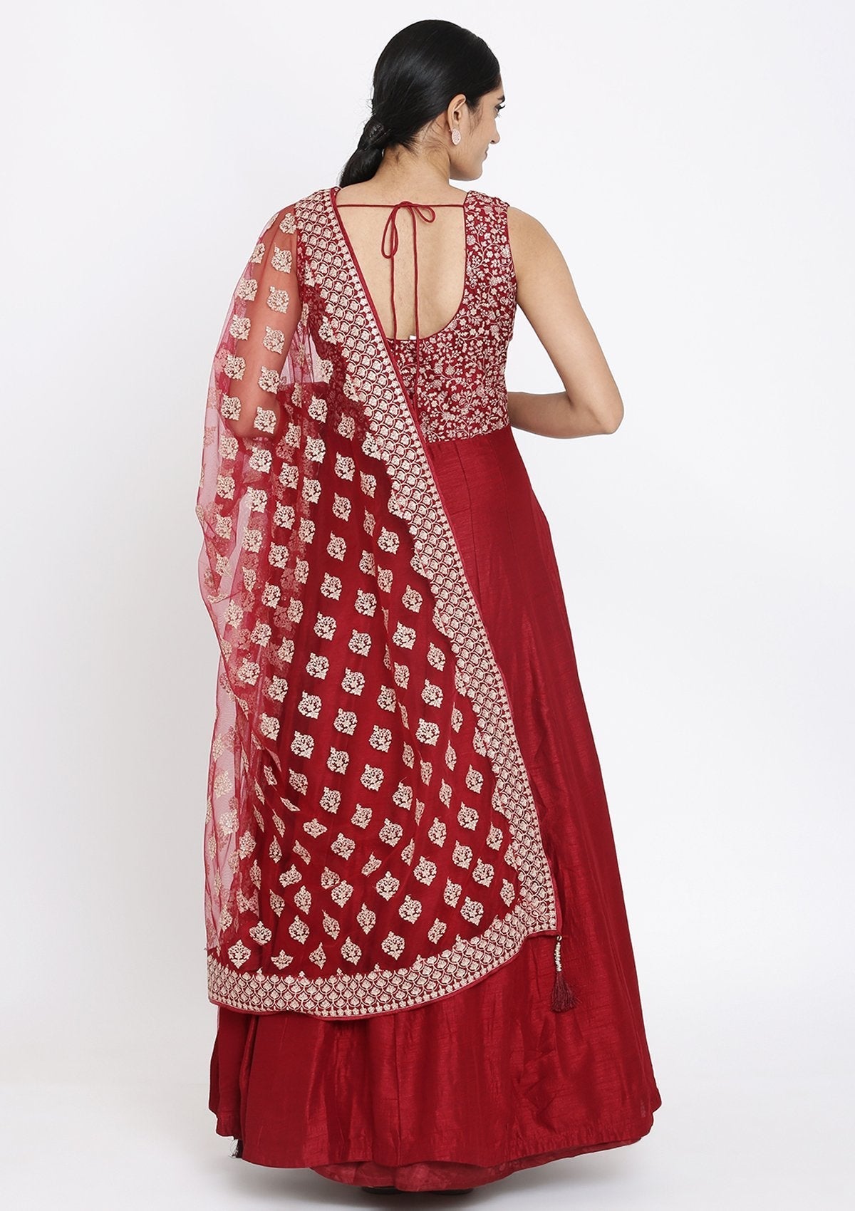 Maroon Zariwork Raw Silk Designer Gown - koskii