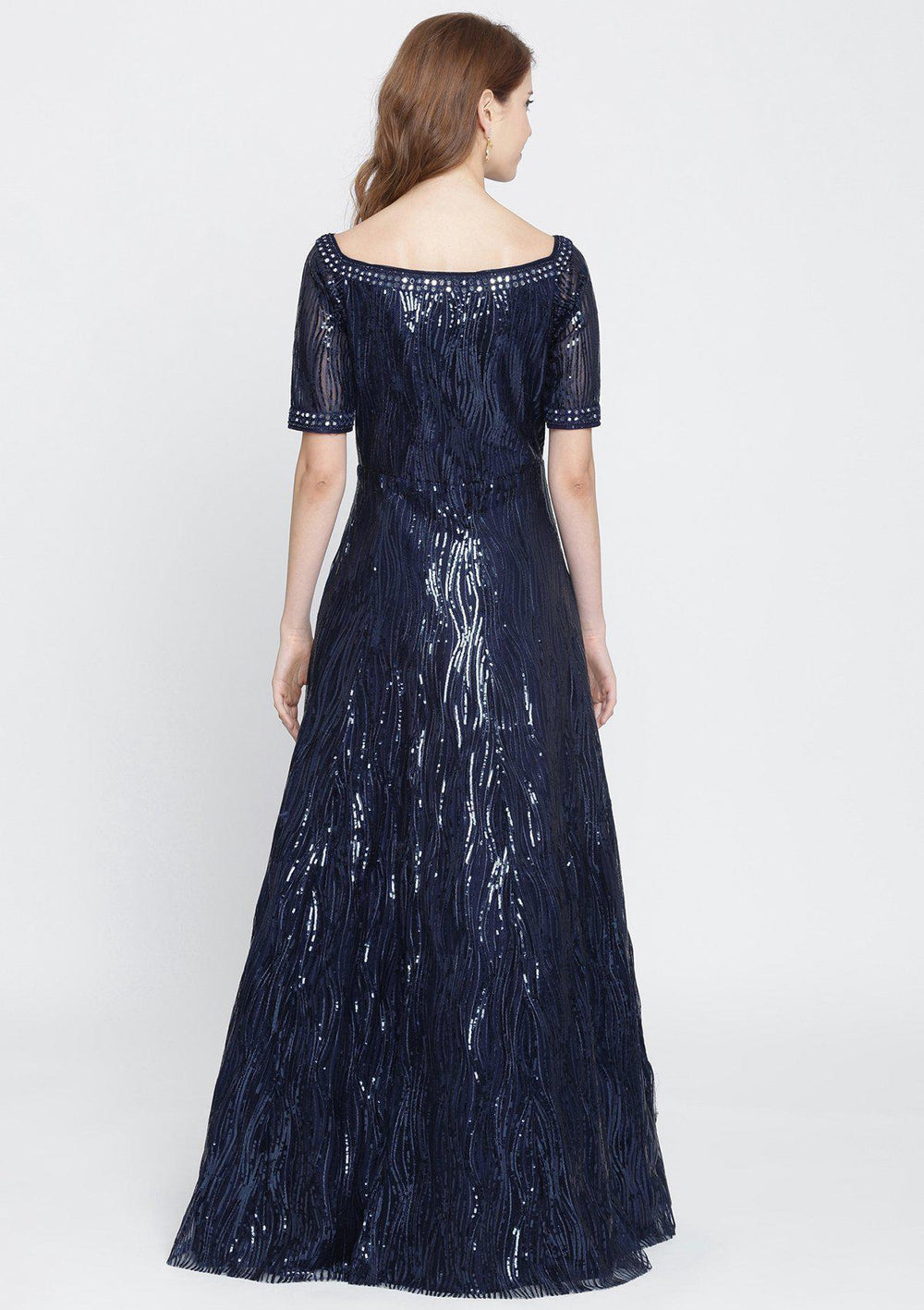 Navy Blue Sequins Net Designer Gown-Koskii