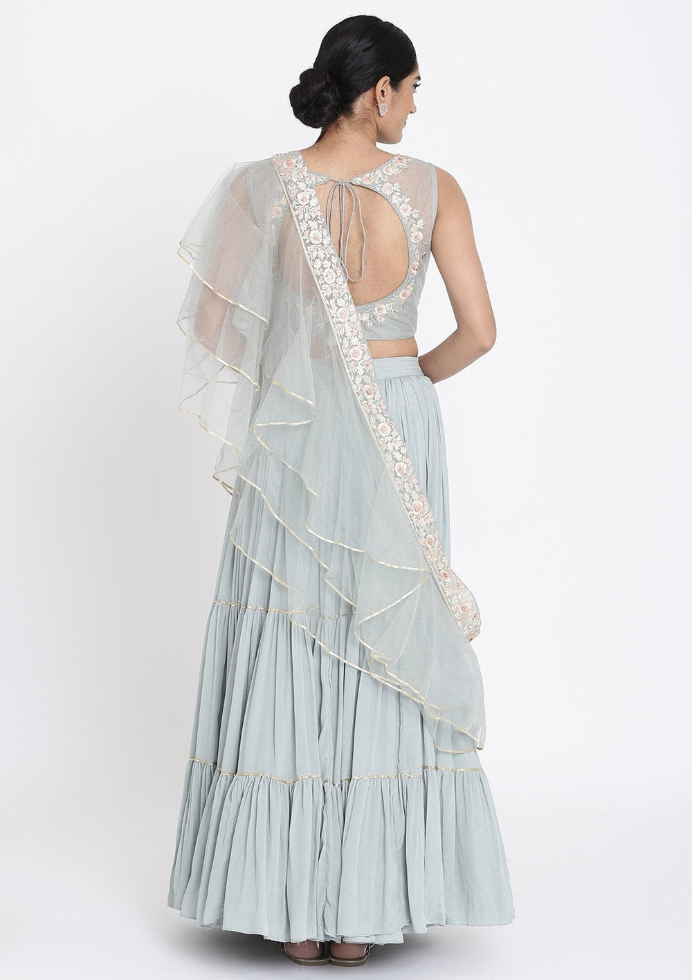 Light Grey Threadwork Georgette Designer Lehenga - koskii