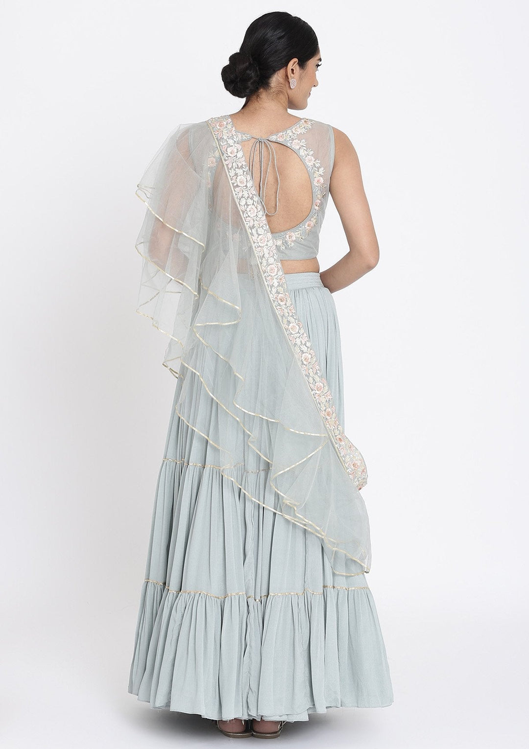 Light Grey Threadwork Georgette Designer Lehenga - koskii