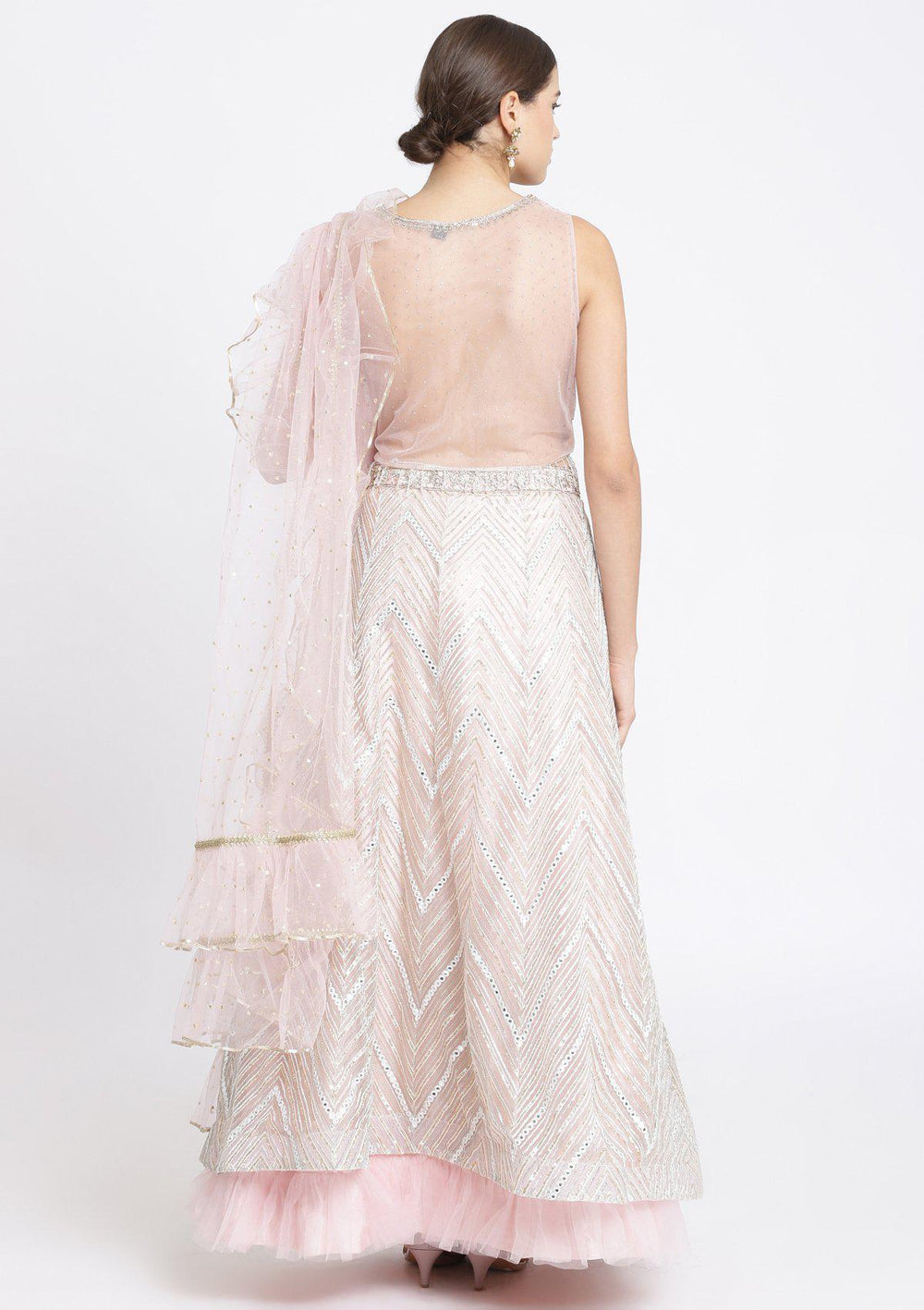 Baby Pink Silver Stonework Net Designer Lehenga-Koskii