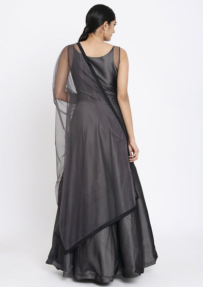 Dark Grey Sequins Taffeta Silk Designer Gown - koskii