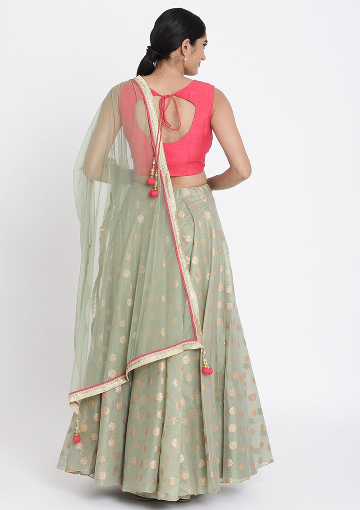 Pista Green And Pink Mirrorwork Tissue Designer Lehenga - koskii