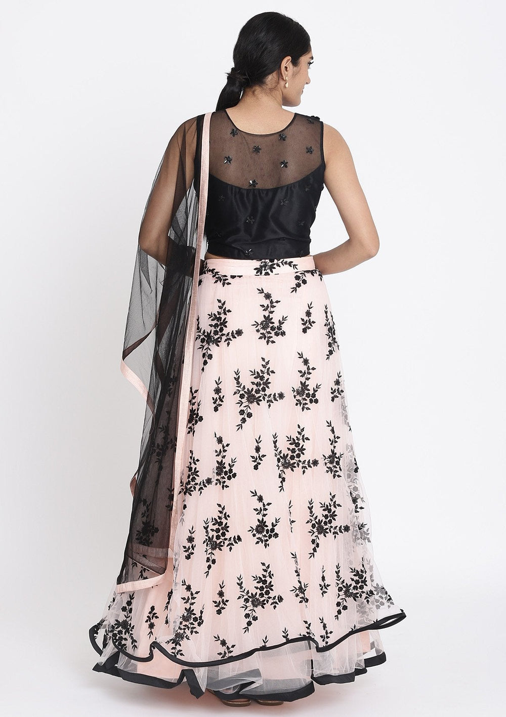 Baby Pink And Black Applique Net Designer Lehenga - koskii