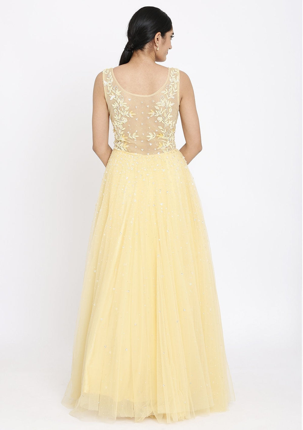 Yellow Cutdana Net Designer Gown - koskii