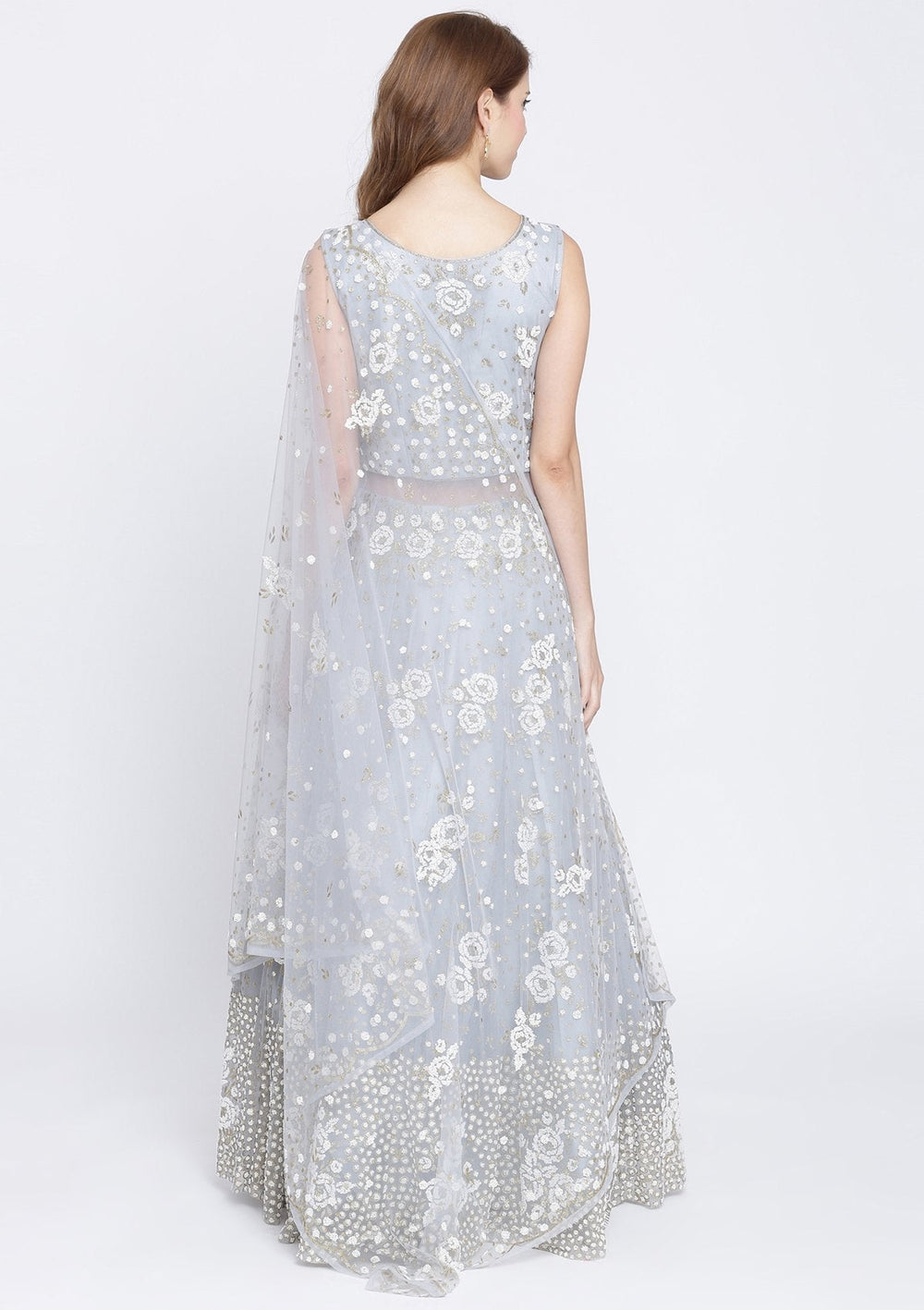 Light Grey Cutdana Net Designer Gown-Koskii